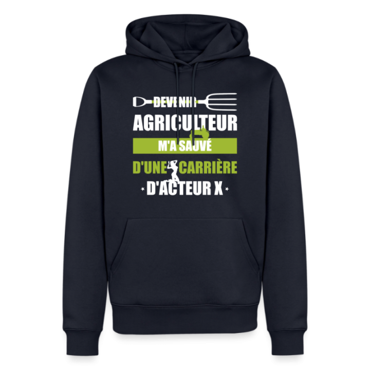 Sweat-shirt à capuche premium homme - Devenir agriculteur m'a sauvé - bleu marine - front