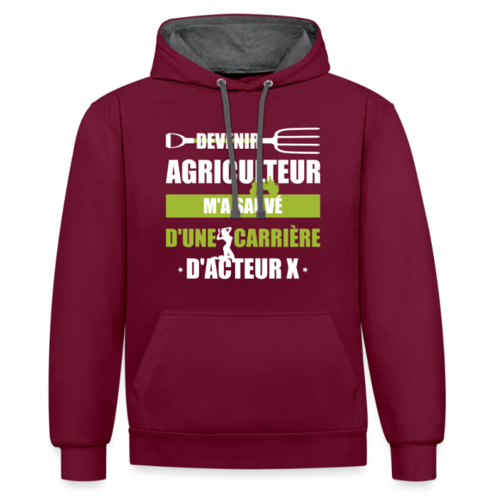Sweat-shirt à capuche contrasté unisexe - Devenir agriculteur m'a sauvé - bordeaux/anthracite - front