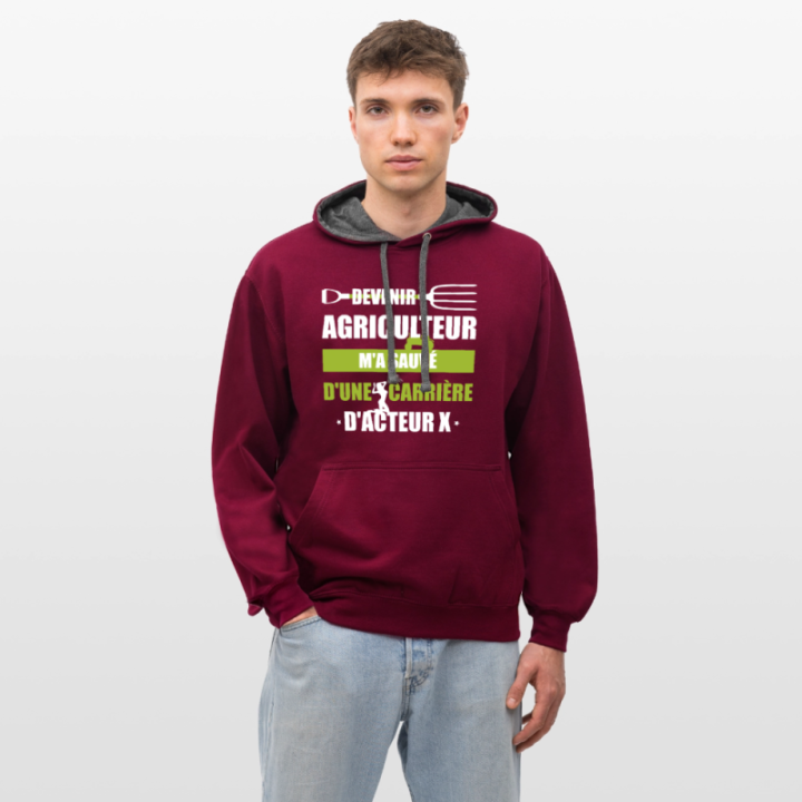 Sweat-shirt à capuche contrasté unisexe - Devenir agriculteur m'a sauvé - bordeaux/anthracite - front