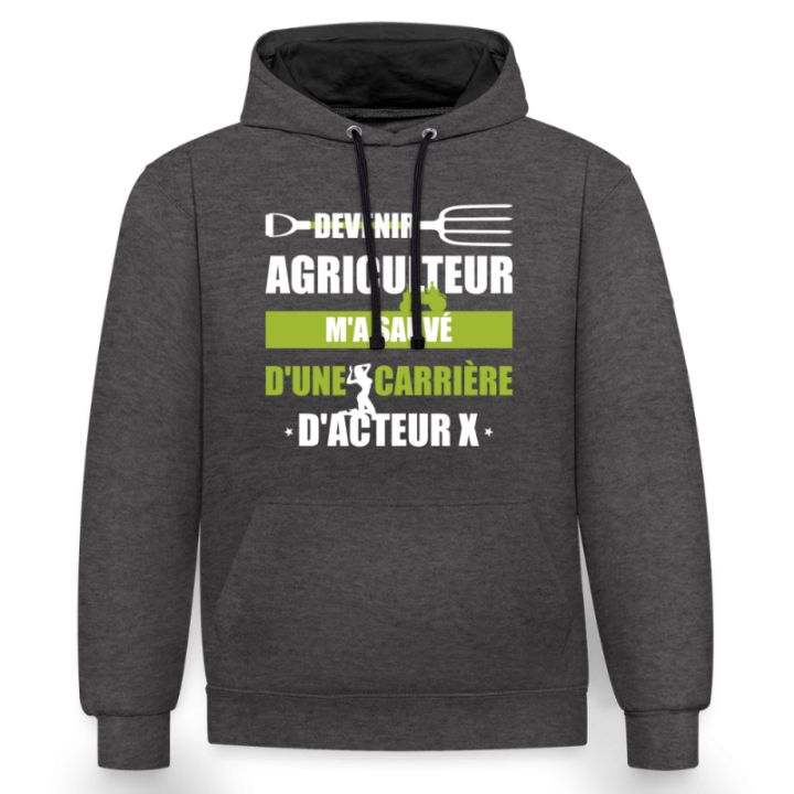 Sweat-shirt à capuche contrasté unisexe - Devenir agriculteur m'a sauvé - anthracite/noir - front
