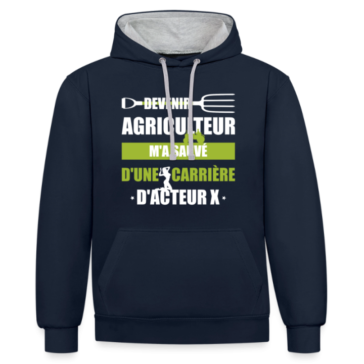 Sweat-shirt à capuche contrasté unisexe - Devenir agriculteur m'a sauvé - bleu marine/gris chiné - front