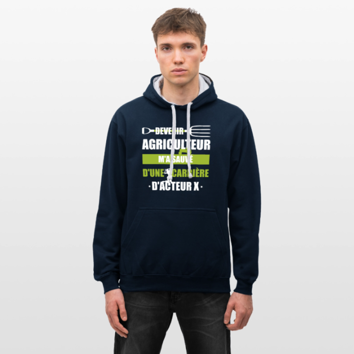 Sweat-shirt à capuche contrasté unisexe - Devenir agriculteur m'a sauvé - bleu marine/gris chiné - front