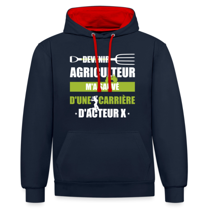 Sweat-shirt à capuche contrasté unisexe - Devenir agriculteur m'a sauvé - bleu marine/rouge - front