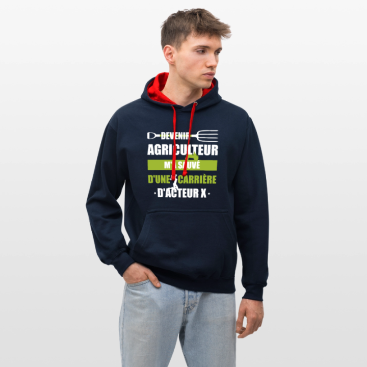 Sweat-shirt à capuche contrasté unisexe - Devenir agriculteur m'a sauvé - bleu marine/rouge - front