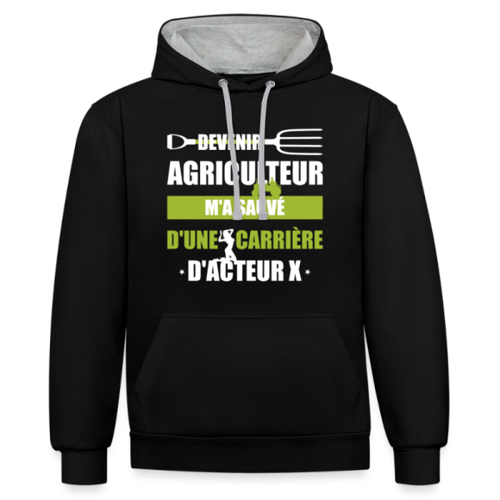 Sweat-shirt à capuche contrasté unisexe - Devenir agriculteur m'a sauvé - noir/gris chiné - front