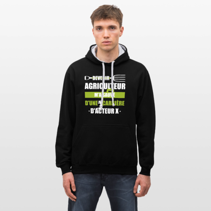 Sweat-shirt à capuche contrasté unisexe - Devenir agriculteur m'a sauvé - noir/gris chiné - front