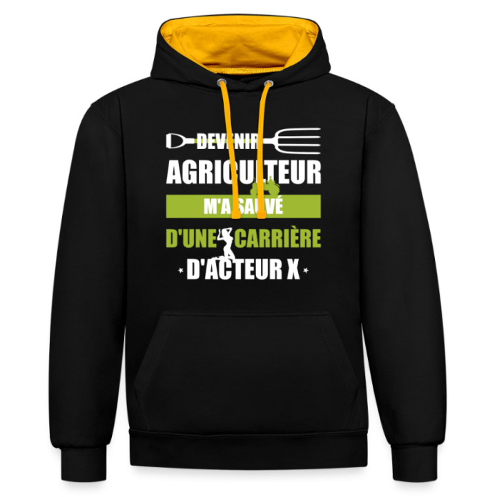 Sweat-shirt à capuche contrasté unisexe - Devenir agriculteur m'a sauvé - noir/or - front
