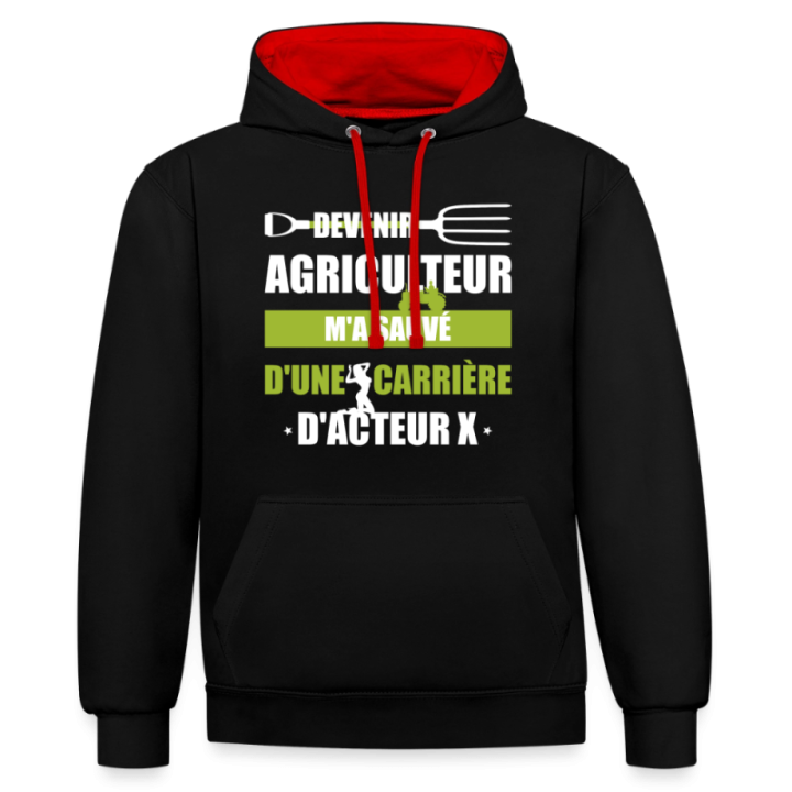 Sweat-shirt à capuche contrasté unisexe - Devenir agriculteur m'a sauvé - noir/rouge - front