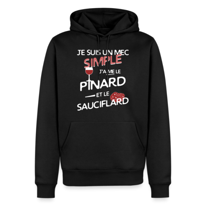 Sweat-shirt à capuche premium homme - Un mec simple: Pinard et sauciflard - noir - front