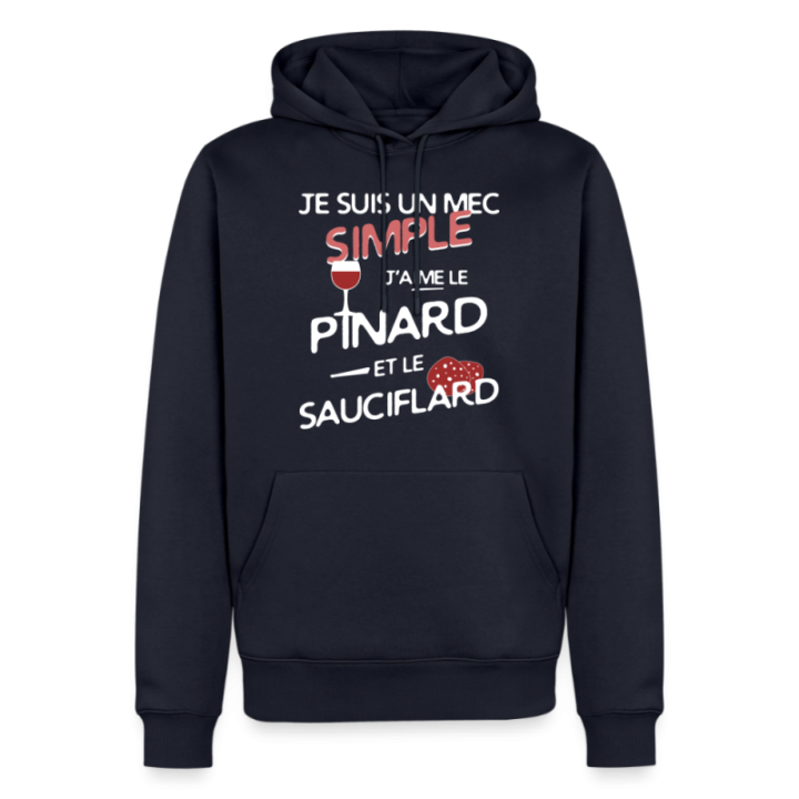 Sweat-shirt à capuche premium homme - Un mec simple: Pinard et sauciflard - bleu marine - front