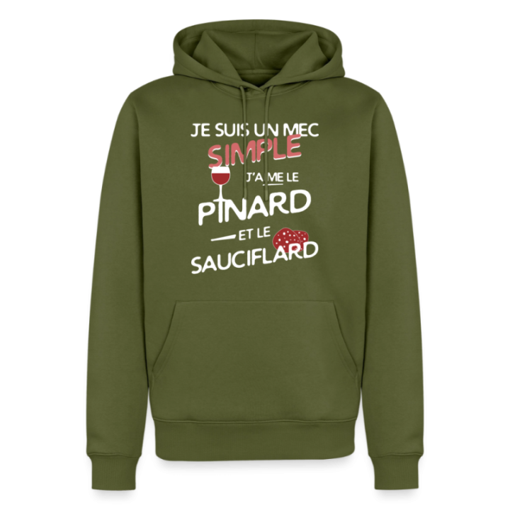 Sweat-shirt à capuche premium homme - Un mec simple: Pinard et sauciflard - kaki - front