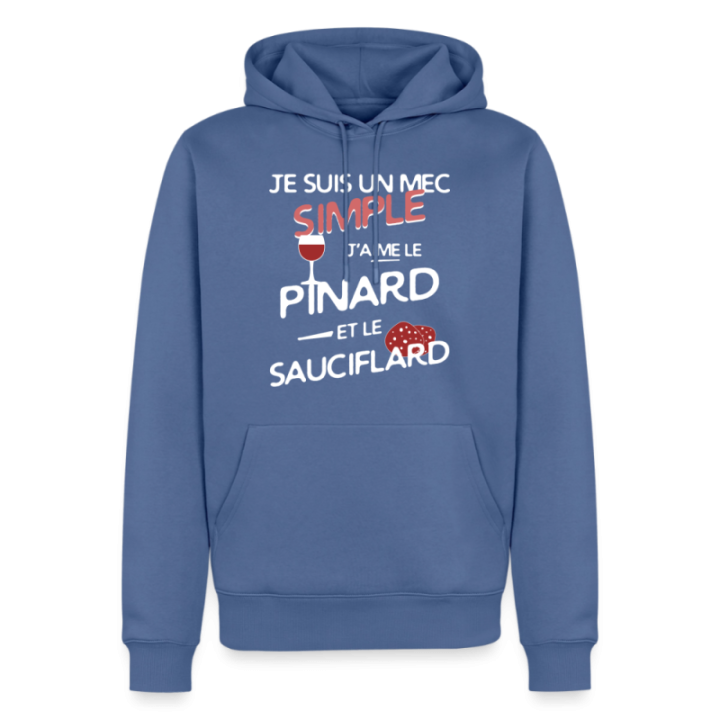 Sweat-shirt à capuche premium homme - Un mec simple: Pinard et sauciflard - bleu pigeon - front