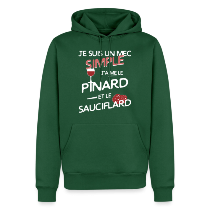 Sweat-shirt à capuche premium homme - Un mec simple: Pinard et sauciflard - vert bouteille - front