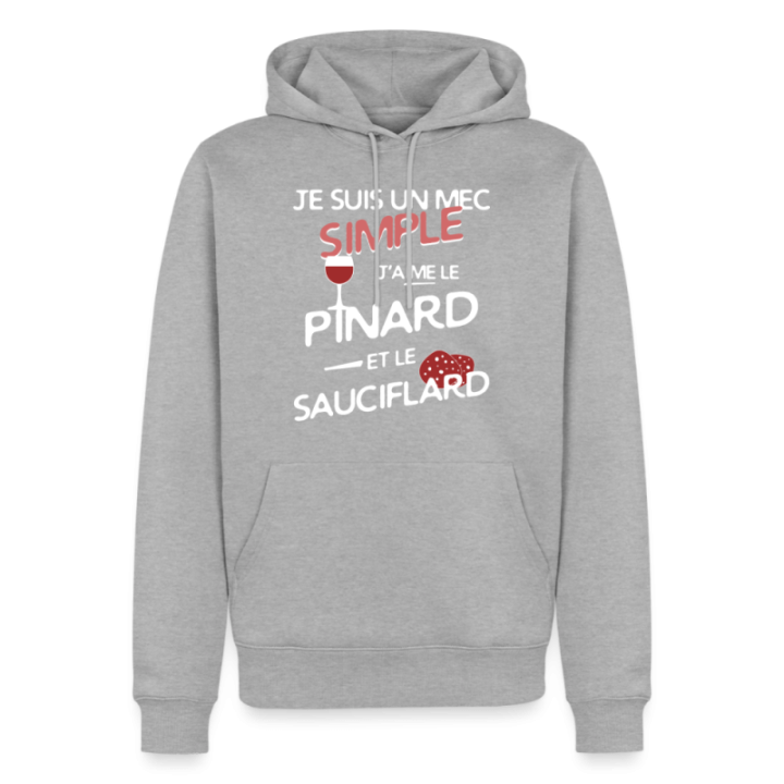 Sweat-shirt à capuche premium homme - Un mec simple: Pinard et sauciflard - gris chiné - front