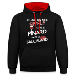Sweat-shirt à capuche contrasté unisexe - Un mec simple: Pinard et sauciflard - noir/rouge - front