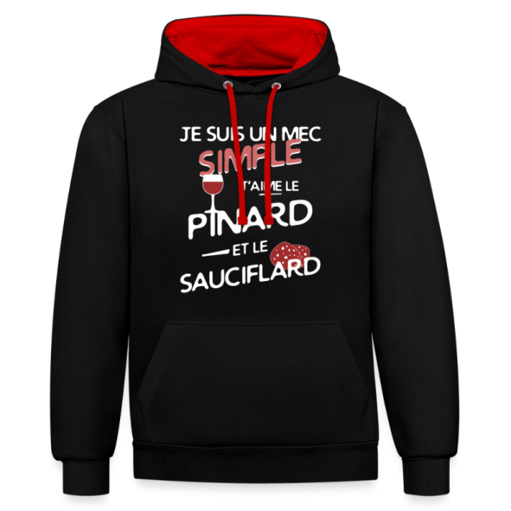 Sweat-shirt à capuche contrasté unisexe - Un mec simple: Pinard et sauciflard - noir/rouge - front