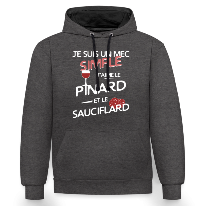 Sweat-shirt à capuche contrasté unisexe - Un mec simple: Pinard et sauciflard - anthracite/noir - front