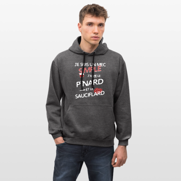 Sweat-shirt à capuche contrasté unisexe - Un mec simple: Pinard et sauciflard - anthracite/noir - front