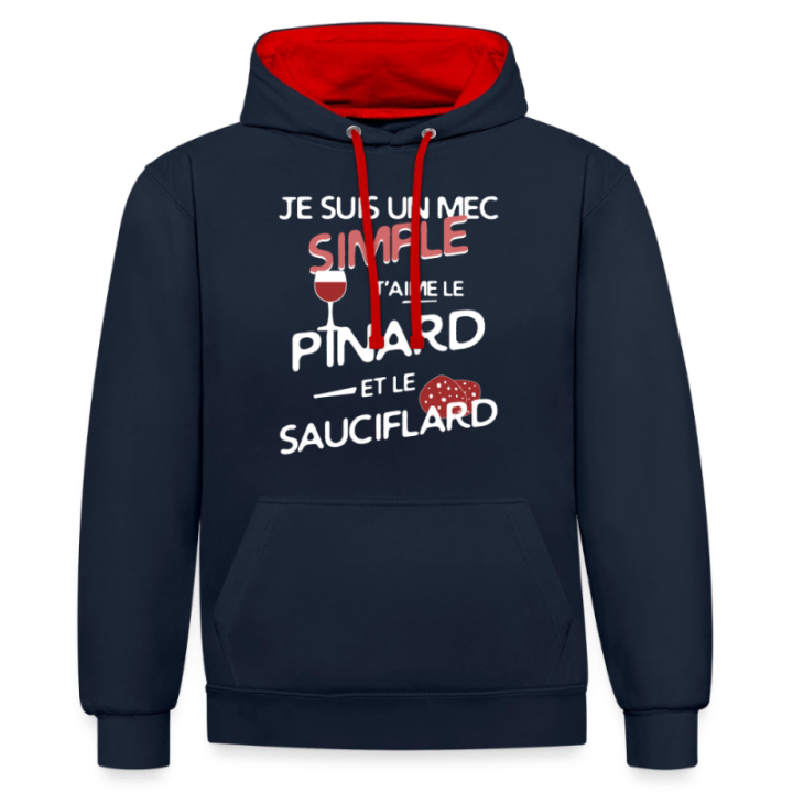 Sweat-shirt à capuche contrasté unisexe - Un mec simple: Pinard et sauciflard - bleu marine/rouge - front