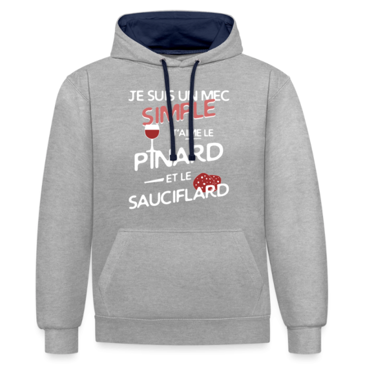 Sweat-shirt à capuche contrasté unisexe - Un mec simple: Pinard et sauciflard - gris chiné/bleu marine - front