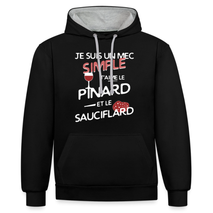 Sweat-shirt à capuche contrasté unisexe - Un mec simple: Pinard et sauciflard - noir/gris chiné - front