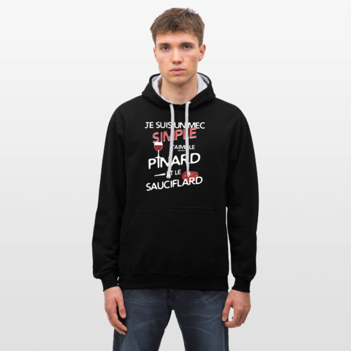 Sweat-shirt à capuche contrasté unisexe - Un mec simple: Pinard et sauciflard - noir/gris chiné - front