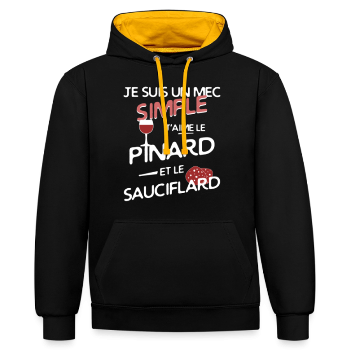Sweat-shirt à capuche contrasté unisexe - Un mec simple: Pinard et sauciflard - noir/or - front