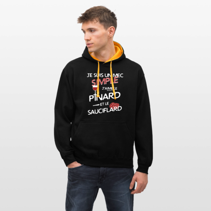 Sweat-shirt à capuche contrasté unisexe - Un mec simple: Pinard et sauciflard - noir/or - front