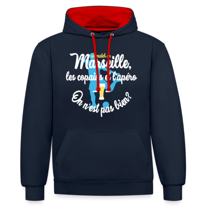 Sweat-shirt à capuche contrasté unisexe - Un match de Marseille
