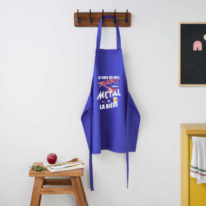 Tablier de cuisine - Un mec simple: Métal et bière - bleu royal - front