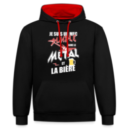 Sweat-shirt à capuche contrasté unisexe - Un mec simple: Métal et bière - noir/rouge - front