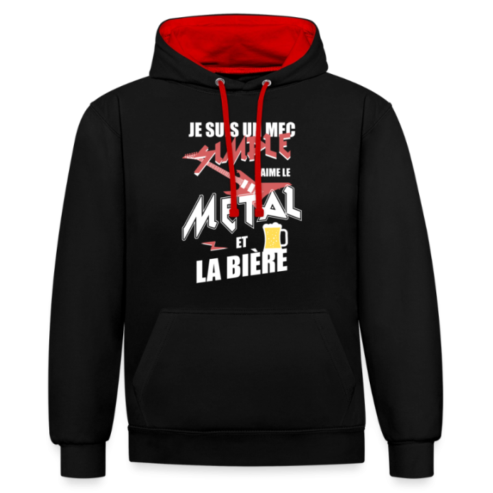 Sweat-shirt à capuche contrasté unisexe - Un mec simple: Métal et bière - noir/rouge - front