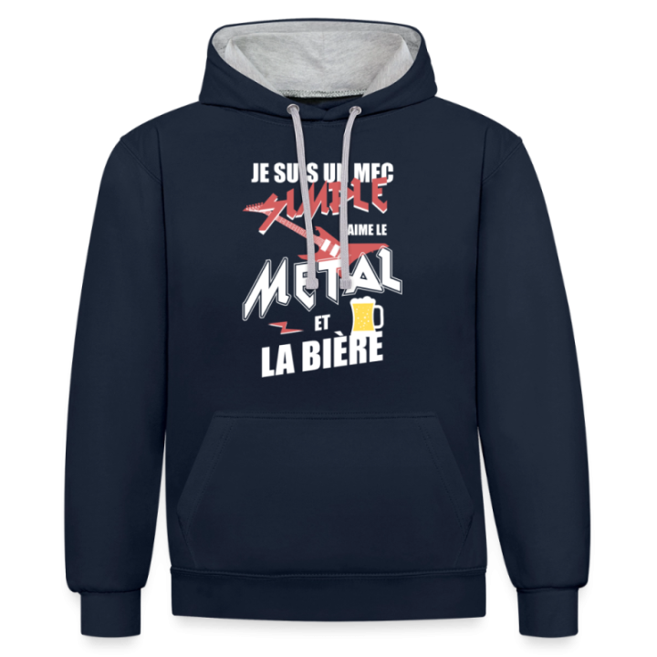 Sweat-shirt à capuche contrasté unisexe - Un mec simple: Métal et bière - bleu marine/gris chiné - front