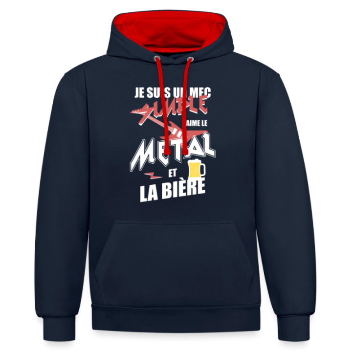 Sweat-shirt à capuche contrasté unisexe - Un mec simple: Métal et bière - bleu marine/rouge - front