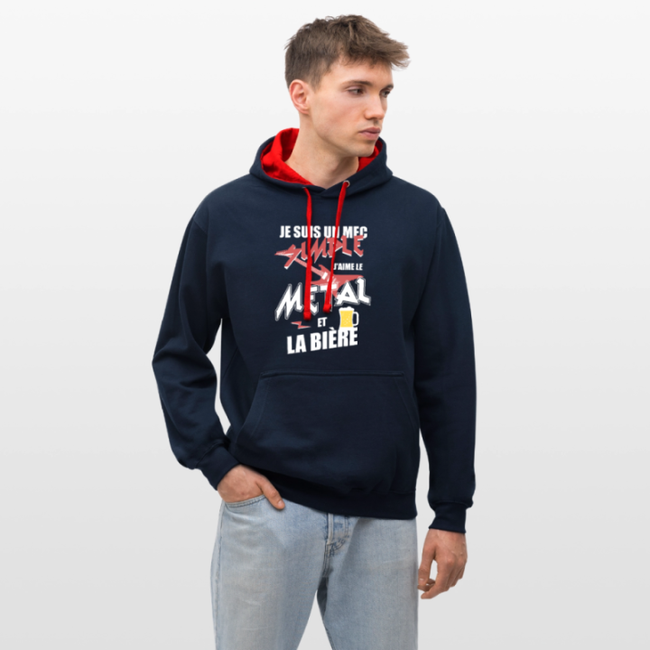 Sweat-shirt à capuche contrasté unisexe - Un mec simple: Métal et bière - bleu marine/rouge - front