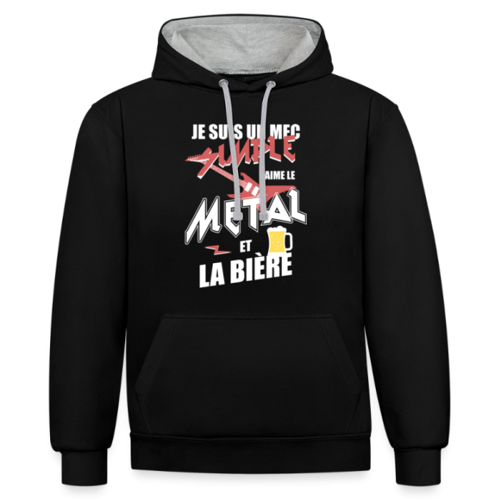 Sweat-shirt à capuche contrasté unisexe - Un mec simple: Métal et bière - noir/gris chiné - front