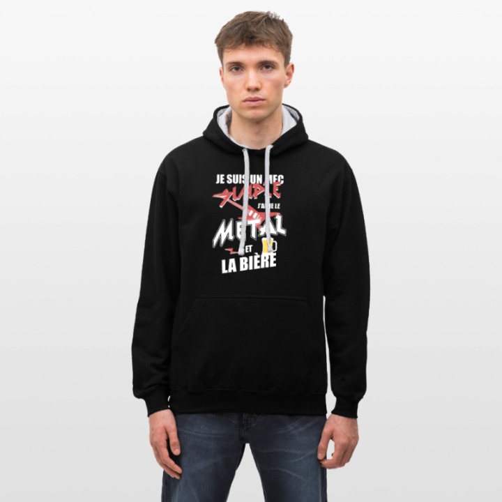 Sweat-shirt à capuche contrasté unisexe - Un mec simple: Métal et bière - noir/gris chiné - front