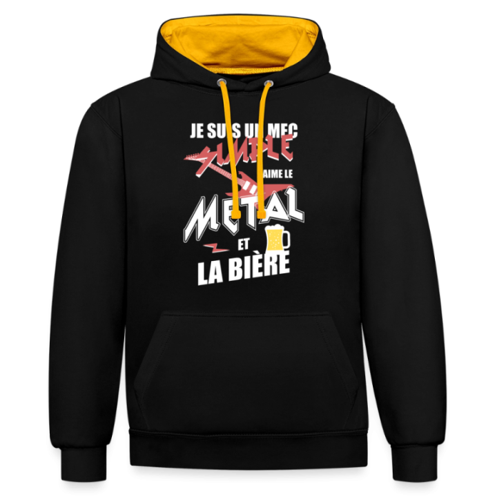 Sweat-shirt à capuche contrasté unisexe - Un mec simple: Métal et bière - noir/or - front