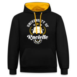 Sweat-shirt à capuche contrasté unisexe - University of raclette - noir/or - front