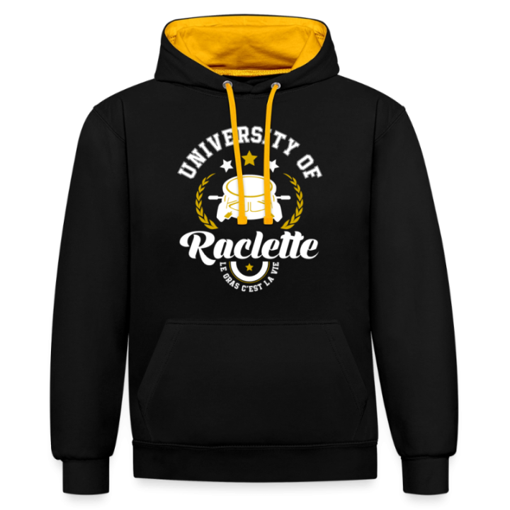 Sweat-shirt à capuche contrasté unisexe - University of raclette - noir/or - front