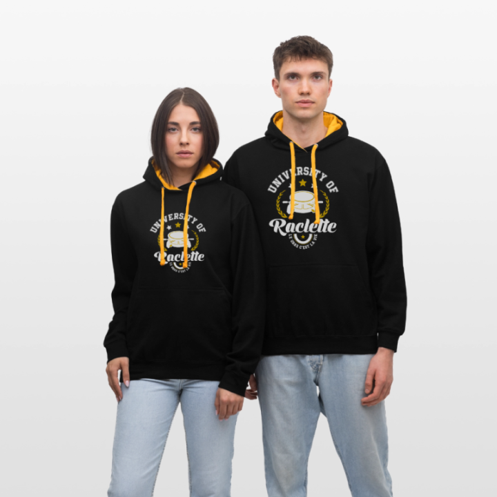 Sweat-shirt à capuche contrasté unisexe - University of raclette - noir/or - front