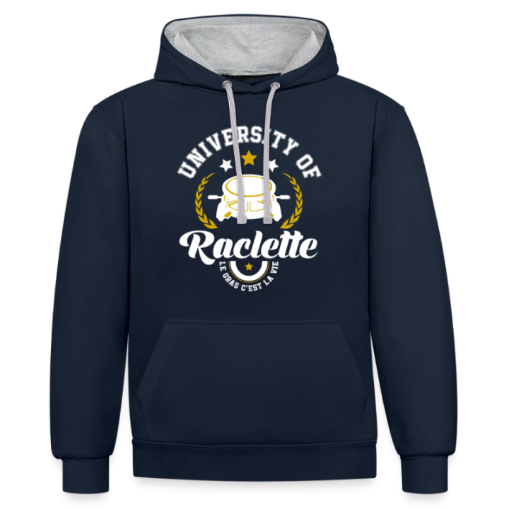 Sweat-shirt à capuche contrasté unisexe - University of raclette - bleu marine/gris chiné - front