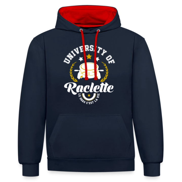 Sweat-shirt à capuche contrasté unisexe - University of raclette - bleu marine/rouge - front