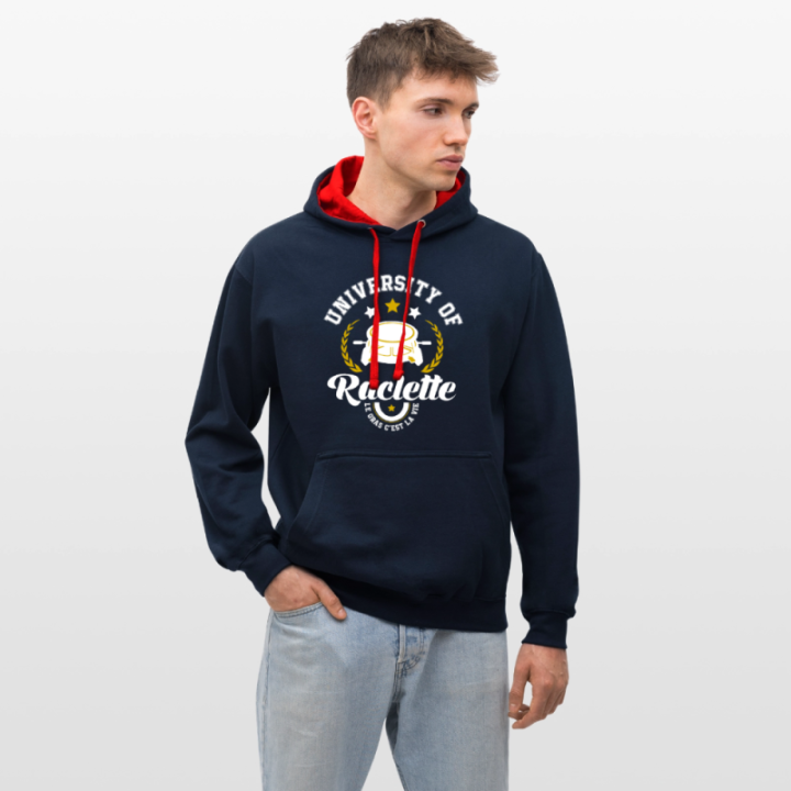 Sweat-shirt à capuche contrasté unisexe - University of raclette - bleu marine/rouge - front