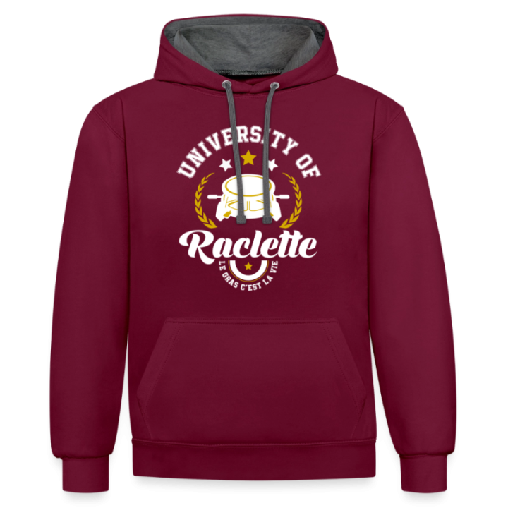 Sweat-shirt à capuche contrasté unisexe - University of raclette - bordeaux/anthracite - front