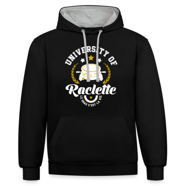 Sweat-shirt à capuche contrasté unisexe - University of raclette - noir/gris chiné - front