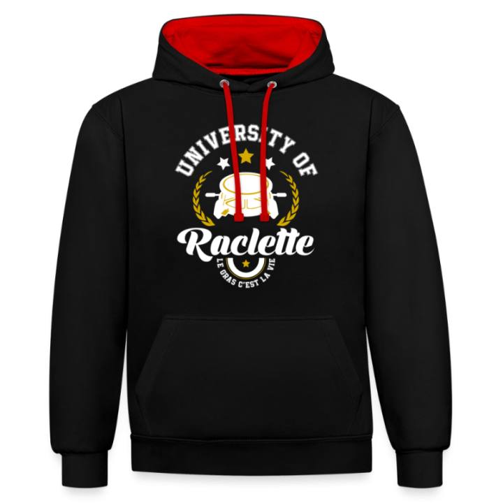 Sweat-shirt à capuche contrasté unisexe - University of raclette - noir/rouge - front