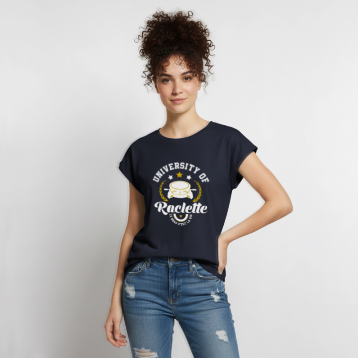 T-shirt à manches retroussées femme - University of raclette - bleu marine - front