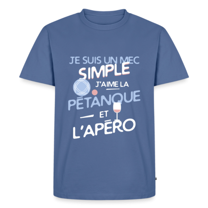 T-shirt premium homme - Un mec simple: Pétanque et apéro - bleu pigeon - front