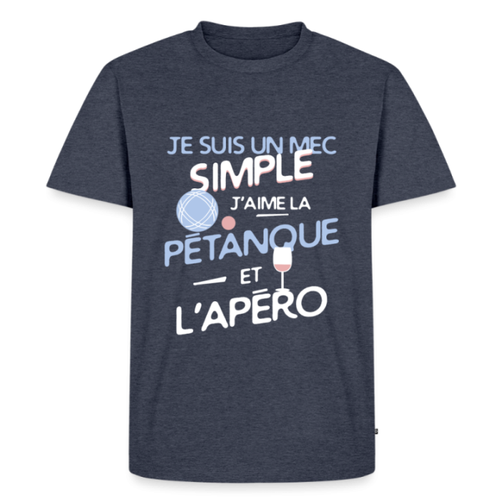 T-shirt premium homme - Un mec simple: Pétanque et apéro - bleu jeans  - front